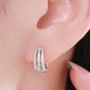 Zircon Triple Loop Silver Huggie Earrings. 925 Sterling Silver. #1116